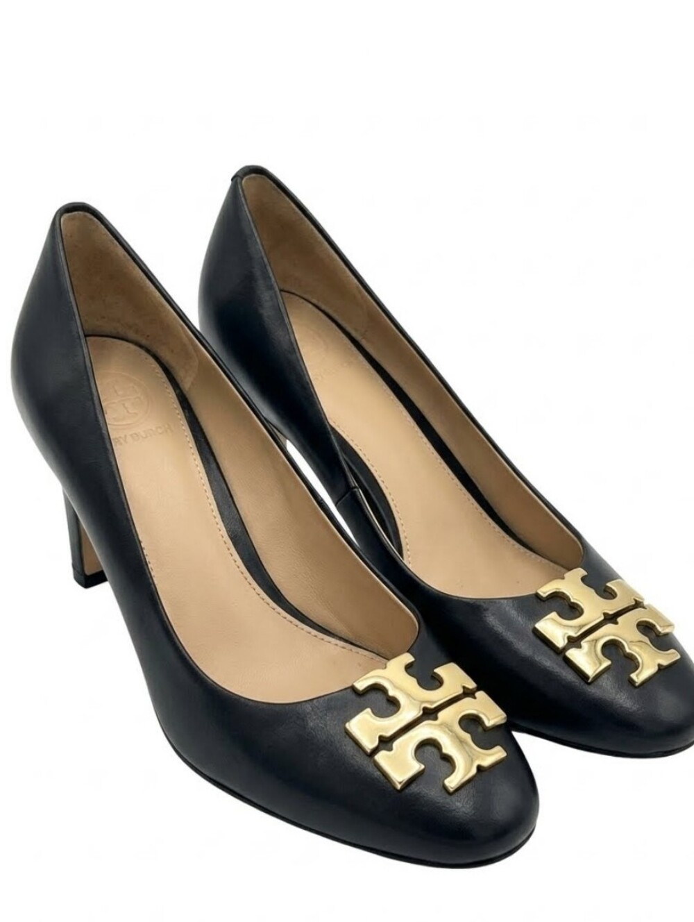 Tory Burch Raleigh Block Heel Pumps Black Leather Gold Logo Size 6